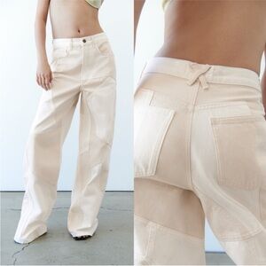 Zara Relaxed Fit Patchwork Jeans WIDE LEG WHITE/BEIGE Size 0 NEW